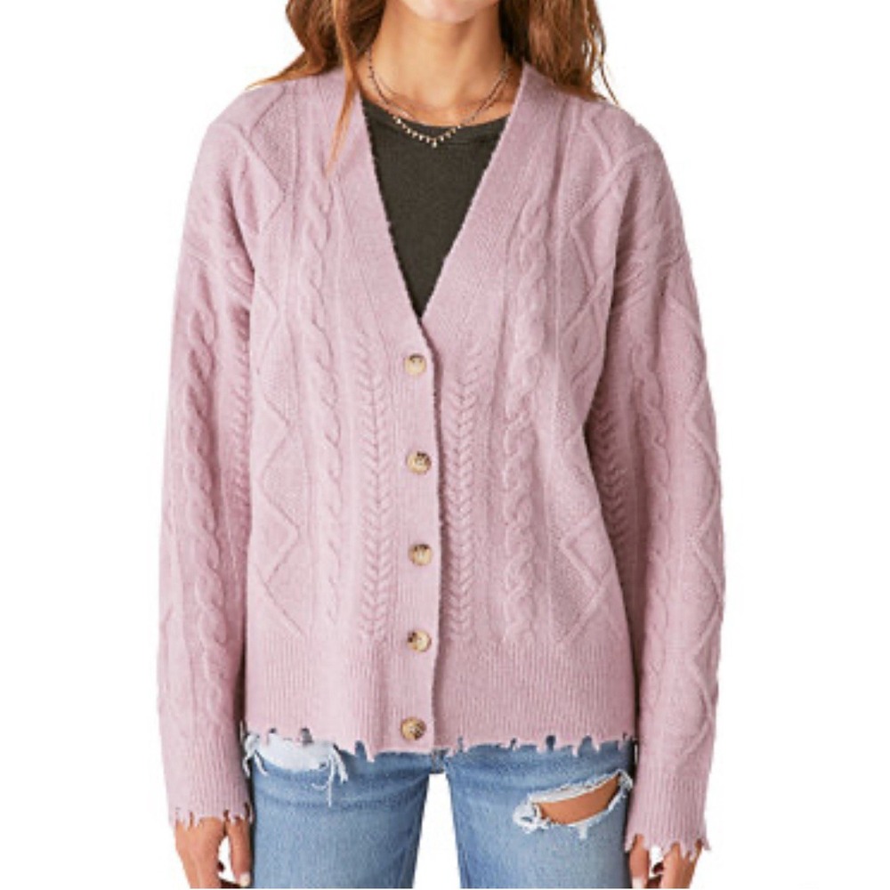 Lucky Brand Women's Long Sleeve Button Front Cable Knit Cardigan Sz XL Dawn Pink